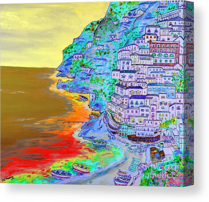 Loredana Messina Canvas Print featuring the painting A coastal view of Positano by Loredana Messina