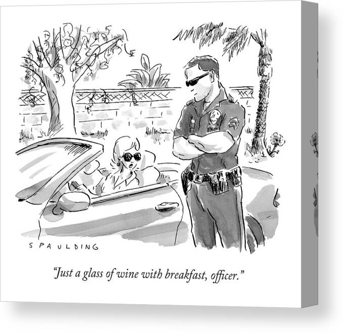 Driving Canvas Print featuring the drawing A Cop Pulling Over A Pretty Blonde Woman by Trevor Spaulding