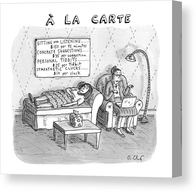 Captionless Therapy Canvas Print featuring the drawing A La Carte -- Therapy Where A Placard Lists by Roz Chast