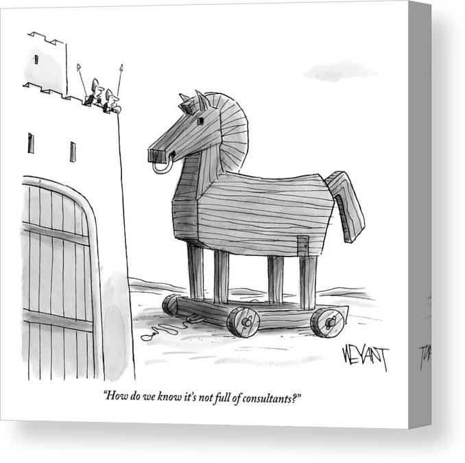 Consultants Canvas Print featuring the drawing A Large Wooden Horse by Christopher Weyant