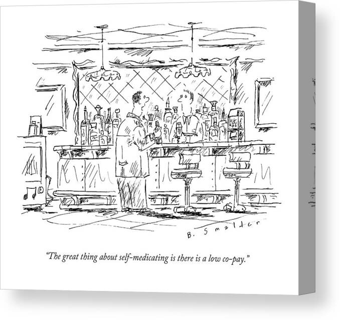 Drinking Canvas Print featuring the drawing A Man At A Bar Talking To The Bartender by Barbara Smaller