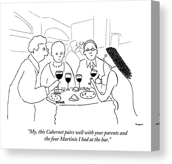 Wine Canvas Print featuring the drawing A Man Explains To His Wife In Front by Michael Shaw