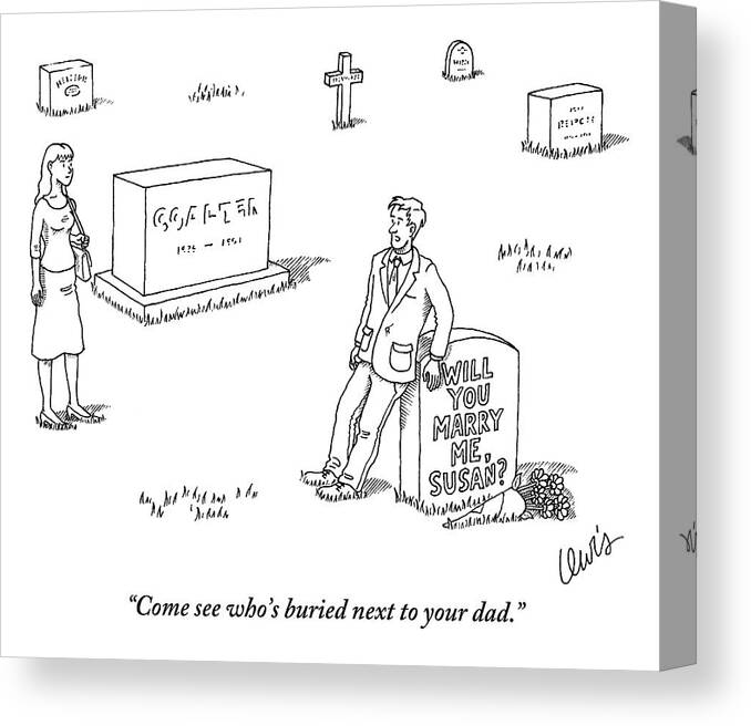 Graveyard Canvas Print featuring the drawing A Man Standing Next To A Headstone That Says by Eric Lewis
