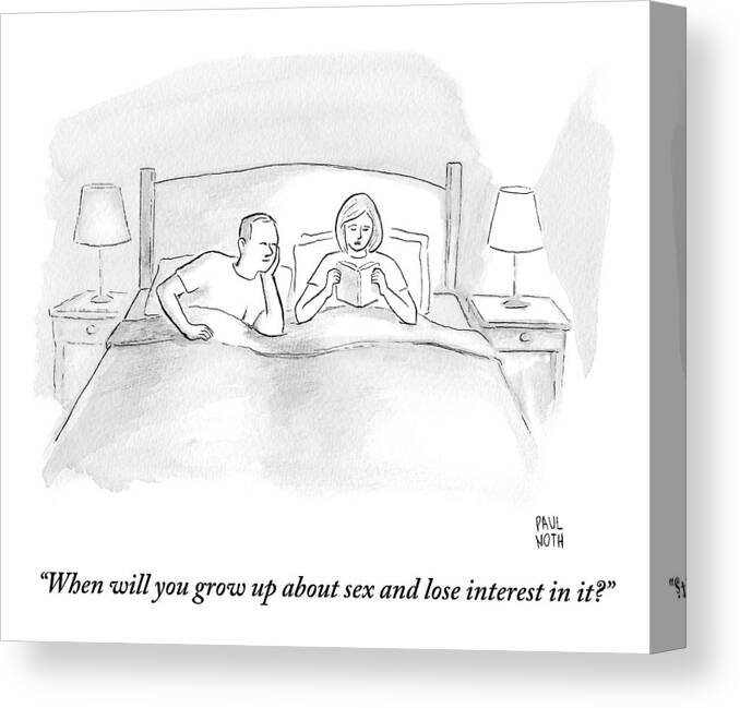 Bedroom Scenes Canvas Print featuring the drawing A Wife Speaks To Her Husband In Bed by Paul Noth