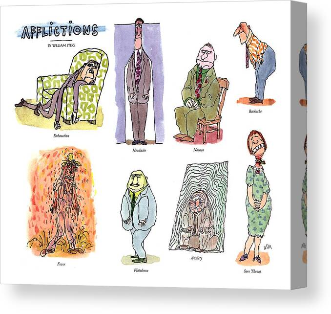 Afflictions
(eight Drawings Depicting Exhaustion Canvas Print featuring the drawing Afflictions by William Steig