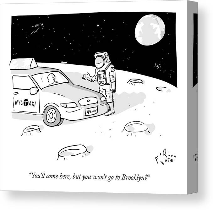 Space Canvas Print featuring the drawing An Astronaut Says To A Taxi Cab On The Moon by Farley Katz