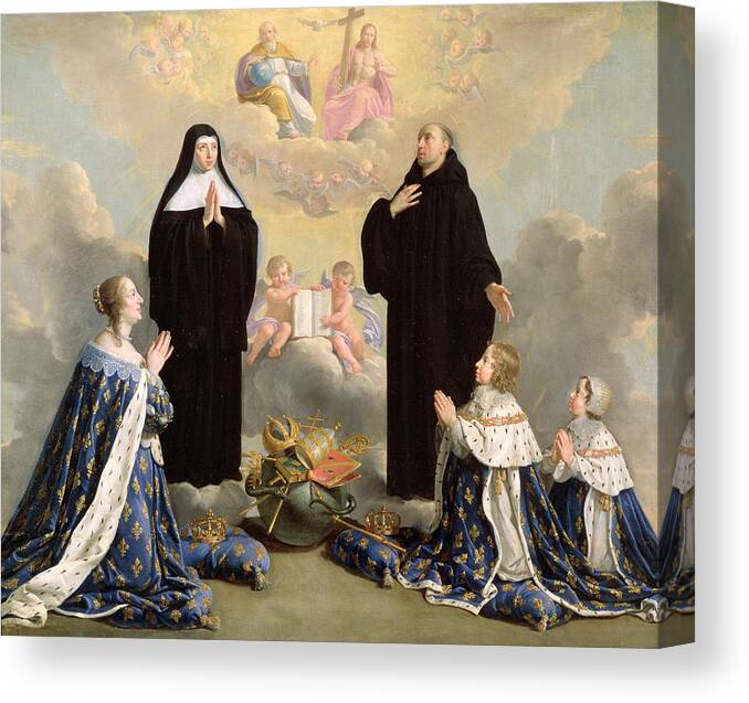 Monk Canvas Print featuring the photograph Anne Of Austria 1601-66 And Her Children At Prayer With St. Benedict And St. Scholastica, 1646 Oil by Philippe de Champaigne