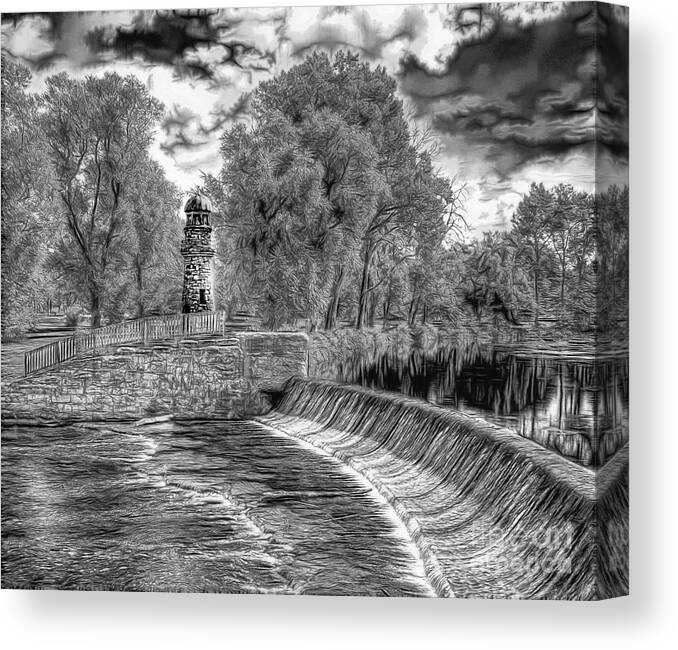 Black And White Canvas Print featuring the photograph Black n White Dam and Lighthouse by Jim Lepard