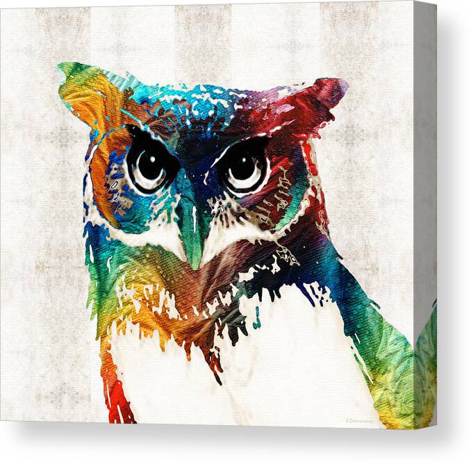 Owl Canvas Print featuring the painting Colorful Owl Art - Wise Guy - By Sharon Cummings by Sharon Cummings