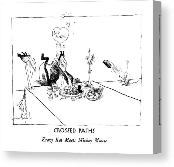 Crossed Paths
Krazy Kat Meets Mickey Mouse

Crossed Paths: Krazy Kat Meets Mickey Mouse: Title. Krazy Kat Sits At A Table With The Remains Of Mickey Mouse On A Plate Canvas Print featuring the drawing Crossed Paths
Krazy Kat Meets Mickey Mouse by Ronald Searle