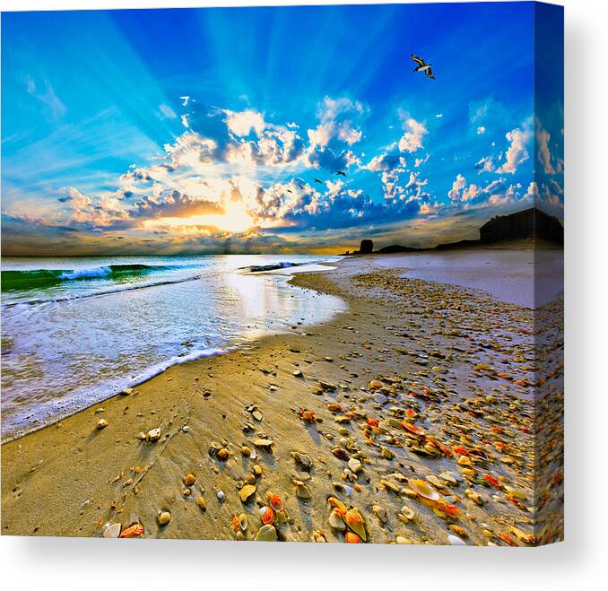 Beach Canvas Print featuring the photograph Fantasy Art-Birds Flying into Sunset Over Shell Covered Beach by Eszra