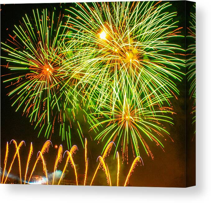 4th Of July Fireworks Canvas Print featuring the photograph Fireworks Green and Yellow by Robert Hebert