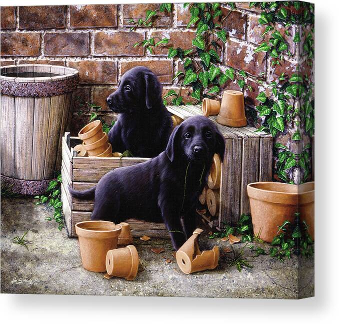 Dog Paintings Canvas Print featuring the painting Gardeners corner by John Silver