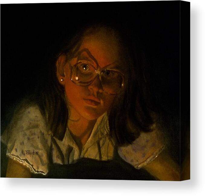 Girl Canvas Print featuring the painting Girl In Glasses In Candlelight by Robert Tracy