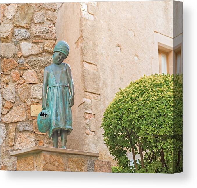 Spain Canvas Print featuring the photograph Girl statue in Tossa de Mar medievaltown in Catalonia Spain by Marek Poplawski