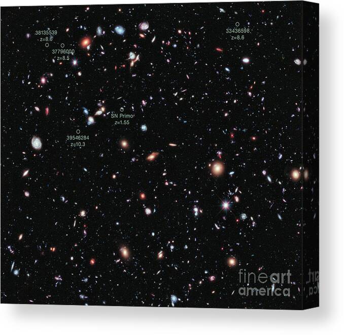Annotated Canvas Print featuring the photograph Hubble Extreme Deep Field Xdf by Science Source
