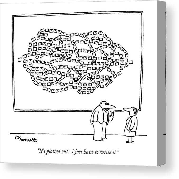 

 Writer To Woman About Intricate Set Of Index Cards On Bulletin Board Behind Him. Writing Canvas Print featuring the drawing It's Plotted Out. I Just Have To Write It by Charles Barsotti