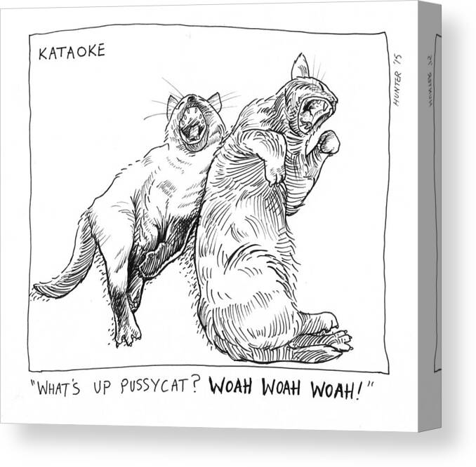 Tom Jones Cartoon Kitten Kitty Cat Cats Humour Funny Ink Illustration Canvas Print featuring the painting Kataoke by Steve Hunter