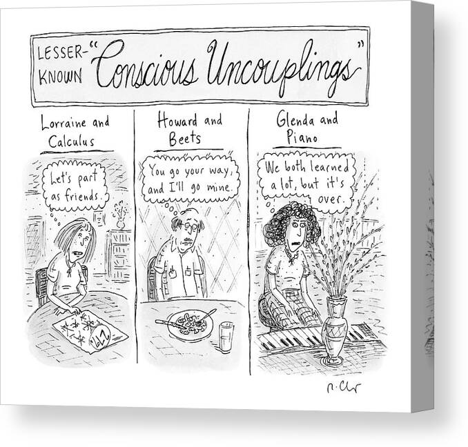 Conscious Uncoupling Canvas Print featuring the drawing Lesser-known 'conscious Uncouplings Three Panels by Roz Chast