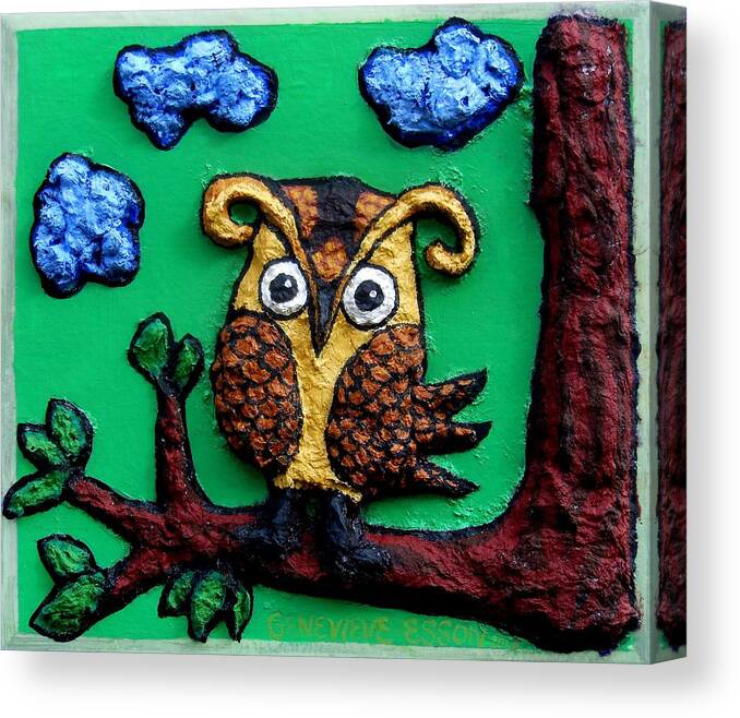 Owl Canvas Print featuring the mixed media Lint Owl Detail by Genevieve Esson