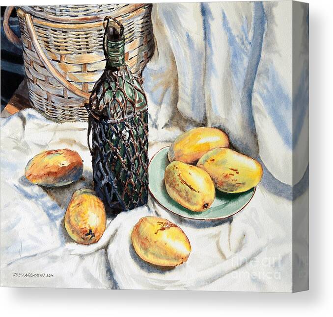 Mangoes Canvas Print featuring the painting Mangoes and a Bottle of Liqueur by Joey Agbayani