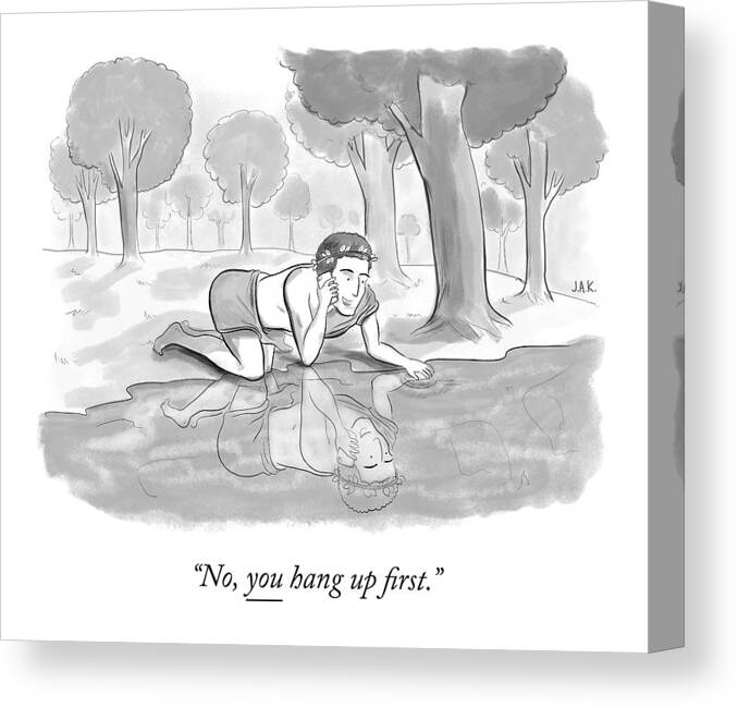 Narcissus Canvas Print featuring the drawing Narcissus Talking On The Phone by Jason Adam Katzenstein