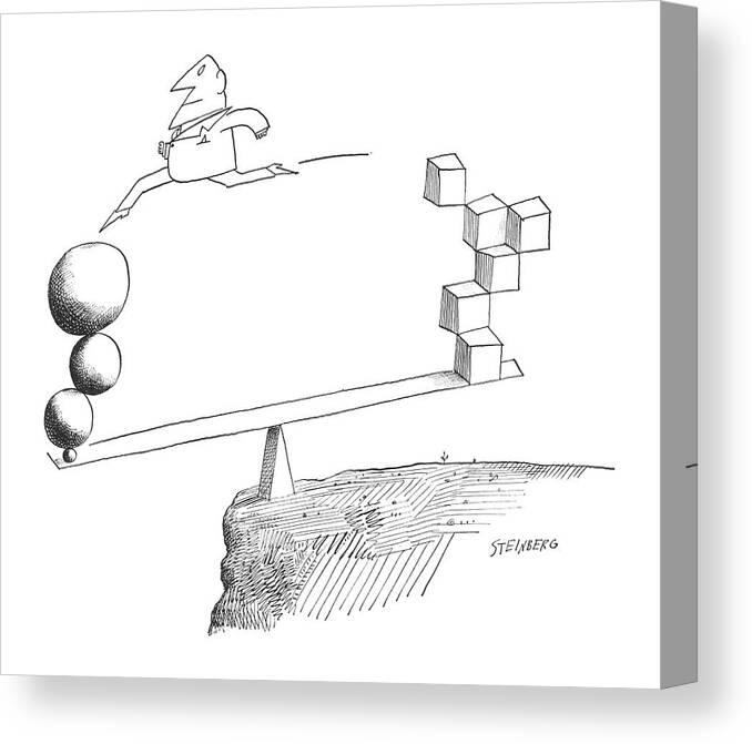 115535 Sst Saul Steinberg (a Seesaw Is Strategically Placed On A Cliff Of A Mountain While A Man Jumps From One End To Another. On One End Of The Seesaw Are Cubes And On The Other End Are Spheres.) Another Balance Balancing Circles Cliff Cubes End Jump Jumping Jumps Leap Leaping Man Men Mountain One Other Placed Seesaw Shape Shapes Spheres Squares Sstoon Strategically Suicidal Suicide Teeter Totter Triangles While Canvas Print featuring the drawing New Yorker April 20th, 1963 by Saul Steinberg