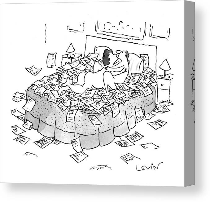 (nude Man And Woman In Bed With A Pile Of Overdue Bills)
Money Canvas Print featuring the drawing New Yorker May 10th, 1993 by Arnie Levin