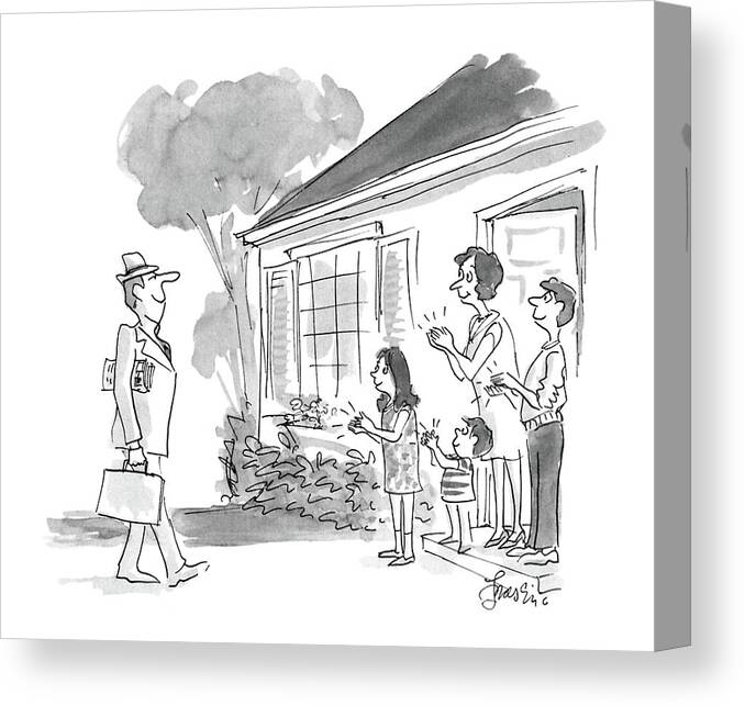 No Caption
A Family Applauds A Father At The Door As He Comes Home From Work. Clapping Clap
No Caption
A Family Applauds A Father At The Door As He Comes Home. Parents Canvas Print featuring the drawing New Yorker October 26th, 1987 by Edward Frascino