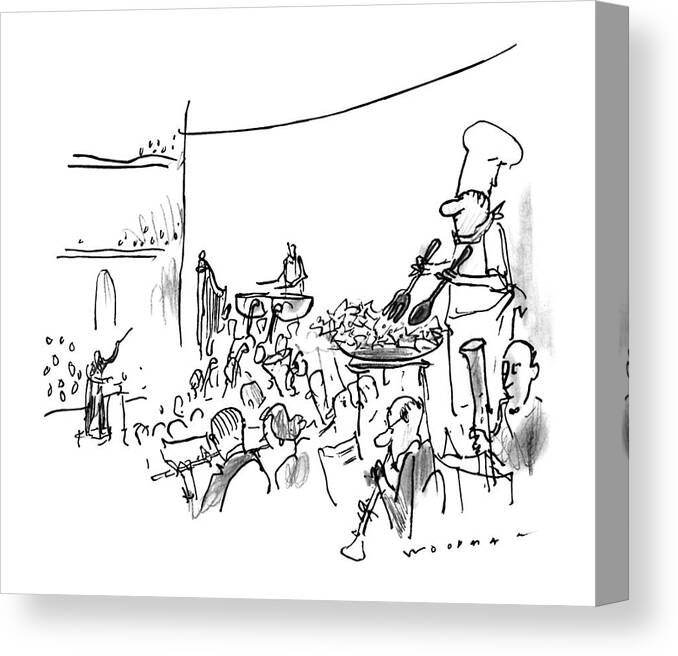 No Caption
In The Middle Of An Orchestra Stands A Chef Tossing Salad In A Bowl. 
No Caption
In The Middle Of An Orchestra Stands A Chef Tossing Salad In A Bowl. Music Canvas Print featuring the drawing New Yorker October 7th, 1996 by Bill Woodman