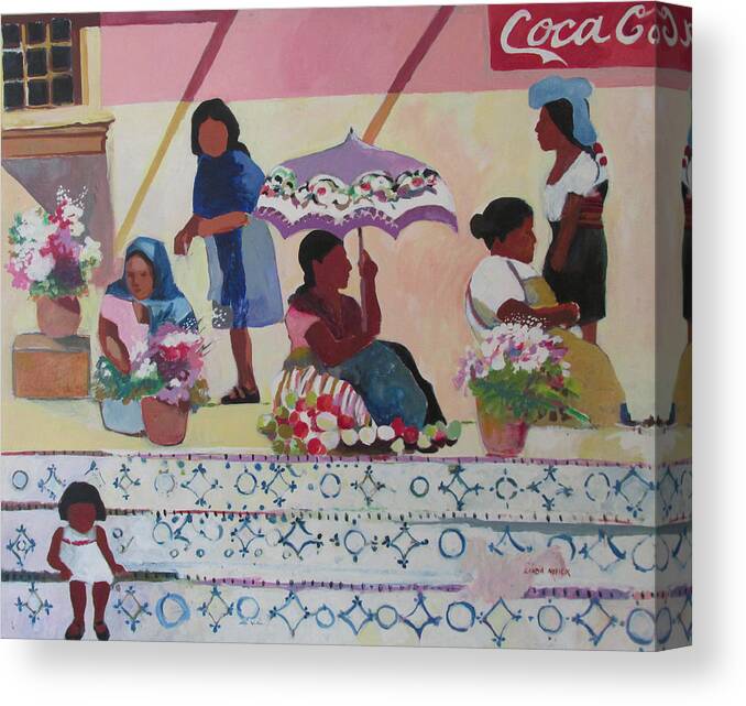 San Miguel Canvas Print featuring the painting Outdoor Market San Miguel Allende by Linda Novick
