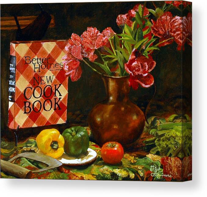 Still Life Canvas Print featuring the painting Peonies and Recipes by Rick Fitzsimons