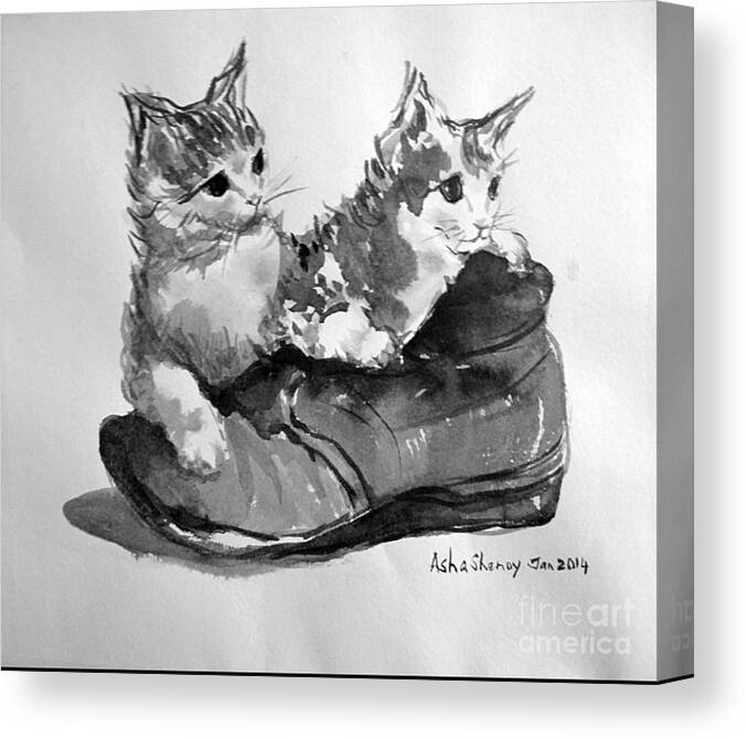 Kittens Canvas Print featuring the painting Playful kittens by Asha Sudhaker Shenoy