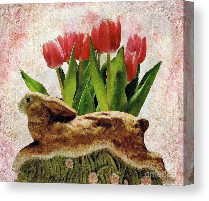 Rabbit Canvas Print featuring the photograph Rabbit and Pink Tulips by Janette Boyd