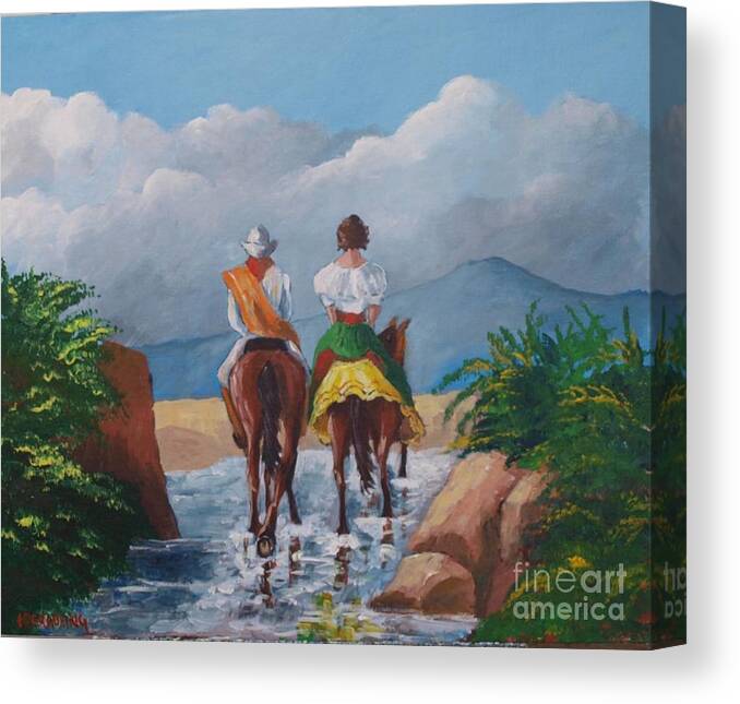 Sabanero Canvas Print featuring the painting Sabanero and wife crossing a river by Jean Pierre Bergoeing