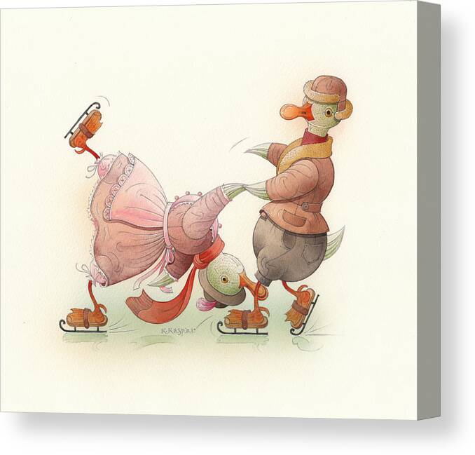 Christmas Winter Greeting Cards Ice Snow Dance Duck Holiday Canvas Print featuring the painting Skating Ducks 5 by Kestutis Kasparavicius