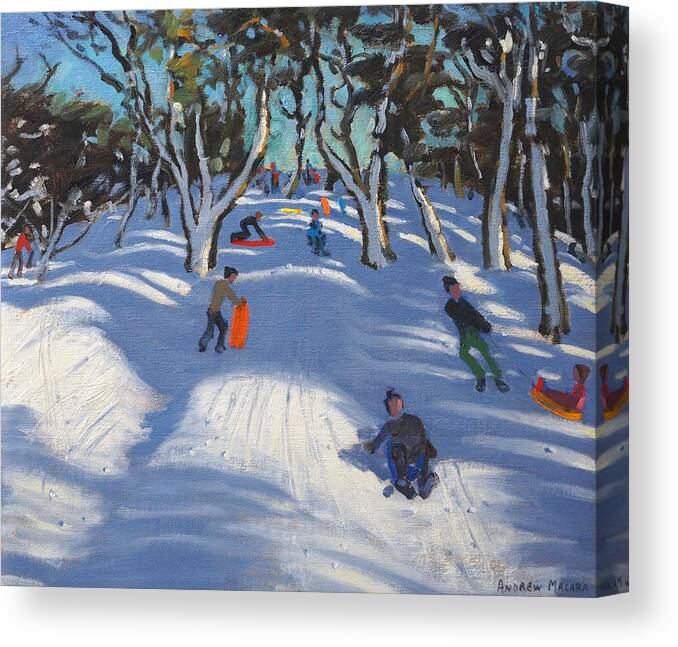 Winter Canvas Print featuring the painting Sledging at Ladmanlow by Andrew Macara