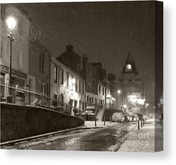 Snowing Canvas Print featuring the photograph Snowy Night in Black and White by Elena Perelman