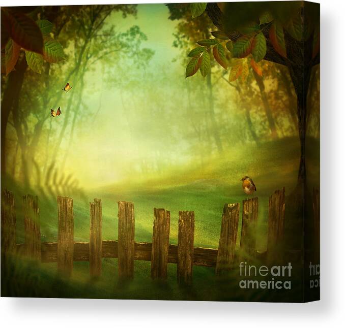 Spring Canvas Print featuring the digital art Spring design - Forest with wood fence by Mythja Photography