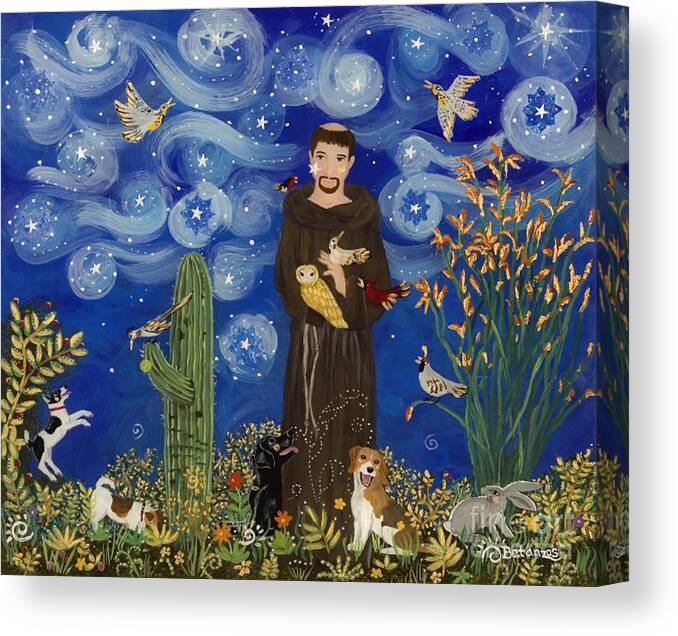 St. Francis Art Canvas Print featuring the painting St. Francis Pet Portrait on a Starry Night by Sue Betanzos
