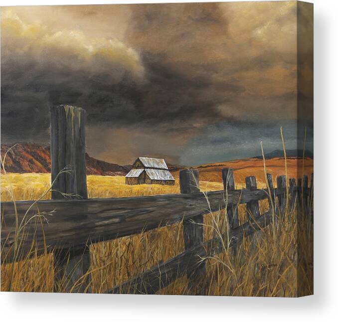 Old Barn Canvas Print featuring the painting Stormy Clouds by Johanna Lerwick