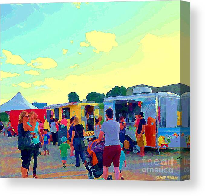 Food Truck Canvas Print featuring the painting Summer Family Fun Paintings Of Food Truck Art Roadside Eateries Dad Mom And Little Boy Cspandau by Carole Spandau