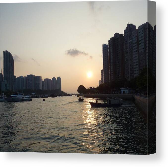 Skyline Hong Kong Water Boats Black Water Reflective Sunshine Coastal Coast City Sky Rise Towers Fishing Sailing Calm Peaceful China Canvas Print featuring the photograph Sunset View by Catherine Laydon