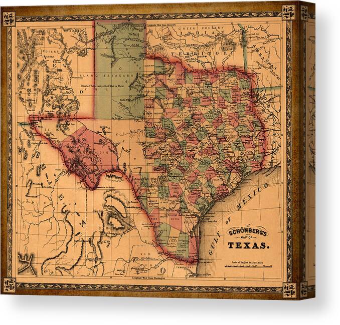 All'inizio del Texas Storico Mappa 1866 Vintage Old Map GICLEE STAMPA su TELA 40X34 