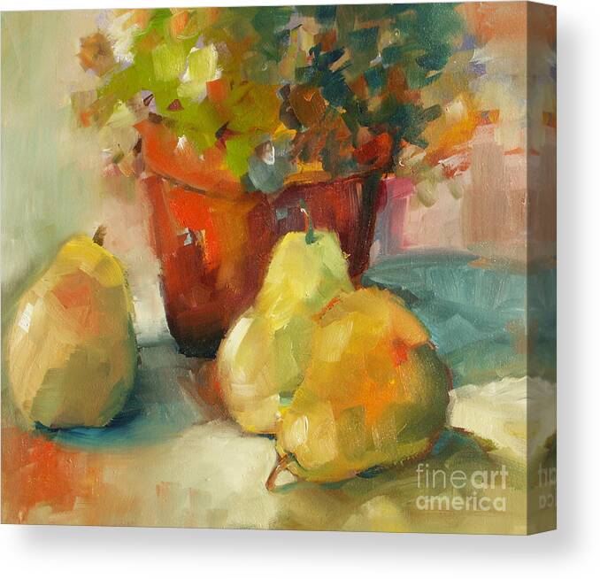 Still Life Canvas Print featuring the painting Three Pears and a Pot by Michelle Abrams