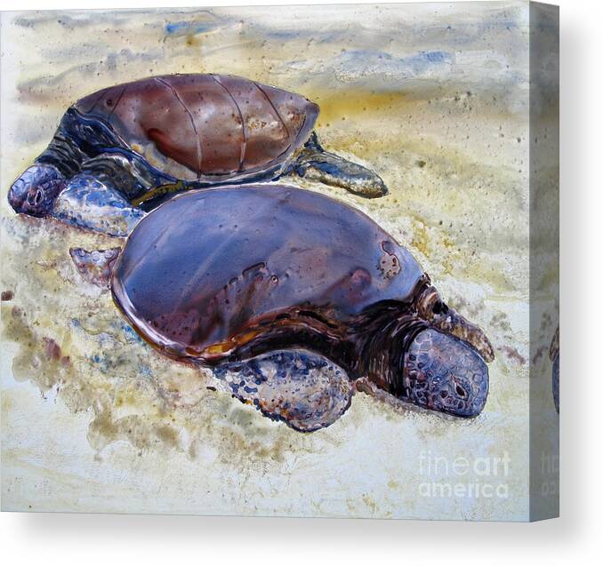 Turtles Canvas Print featuring the painting Turtle R and R by Louise Peardon