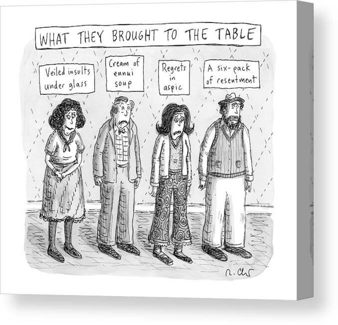 Captionless Family Canvas Print featuring the drawing What They Brought To The Table -- A Line by Roz Chast