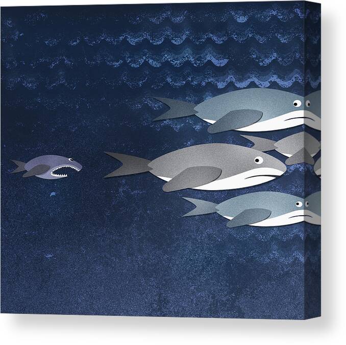 Horizontal Canvas Print featuring the digital art A Small Fish Chasing Three Sharks by Jutta Kuss
