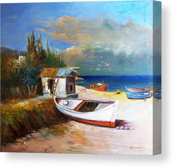 Fisherman's Place.boats.calm Day .fisherman's Cottage .boats Canvas Print featuring the painting Fisherman's cottage by George Siaba