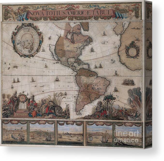 History Canvas Print featuring the photograph Map Of The Americas Circa 1680 by Photo Researchers